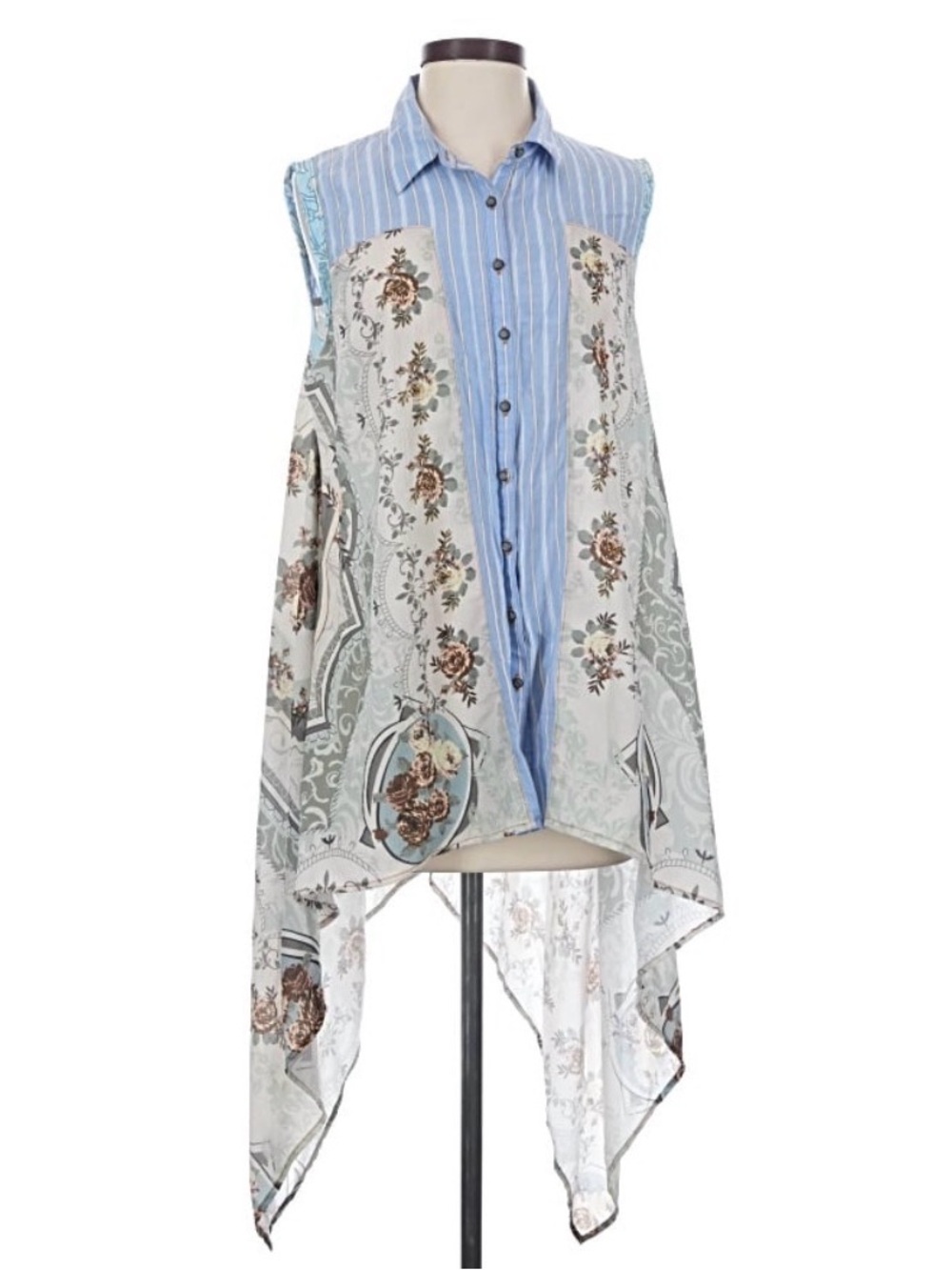 Aratta Silent Journey Blue Stripe Floral Handkerchief Tunic Top Size S.
